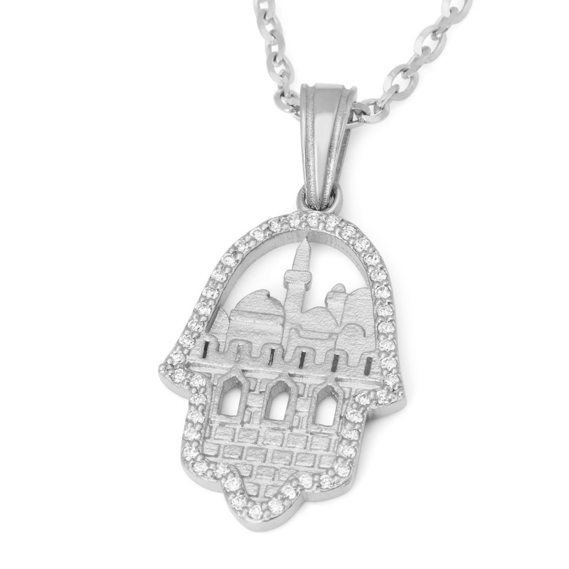 Collier pendentif Hamsa sur le thème de Jérusalem en or 14 carats avec diamants