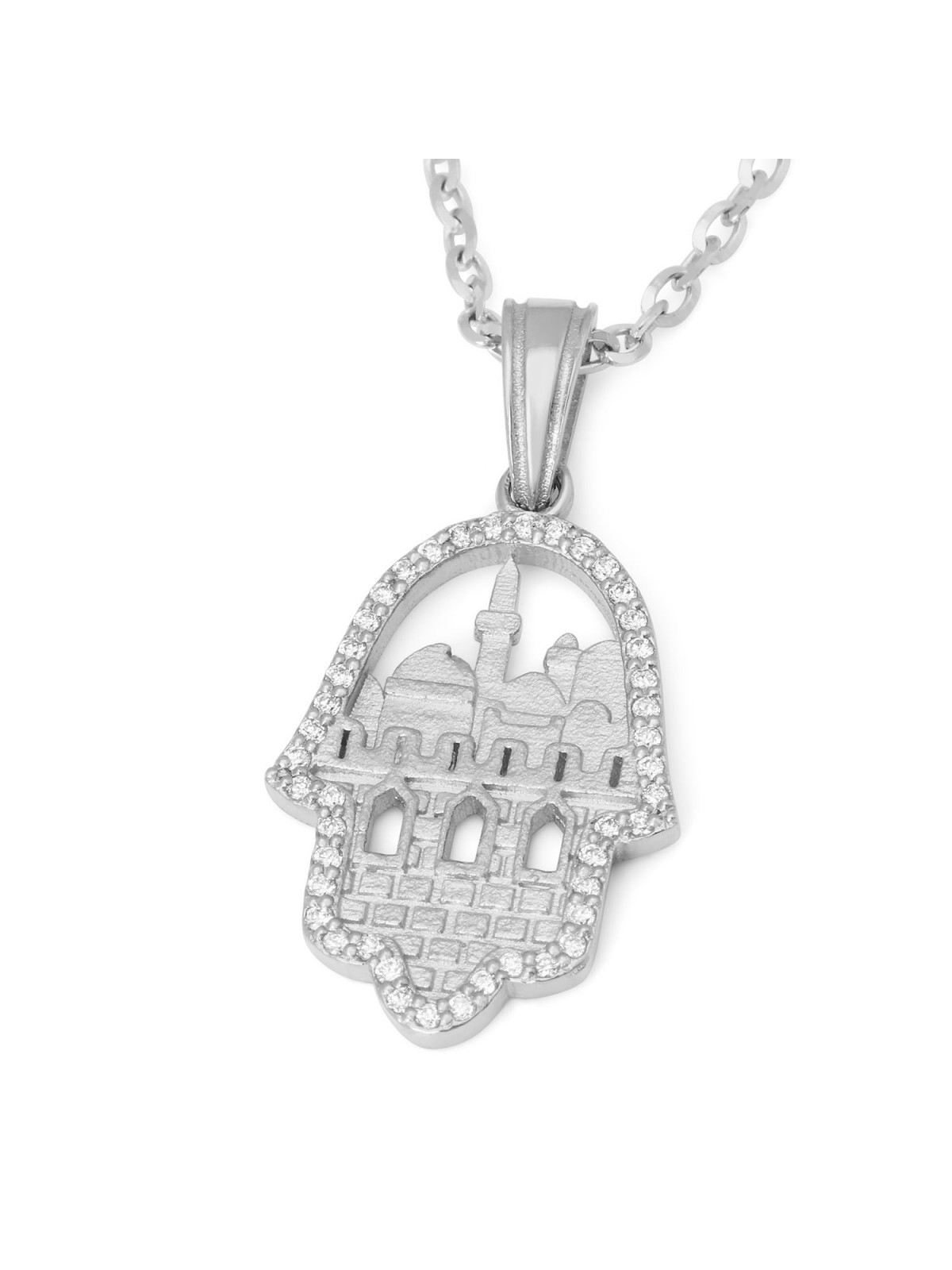 14K Gold Jerusalem Themed Hamsa Pendant Necklace with Diamonds
