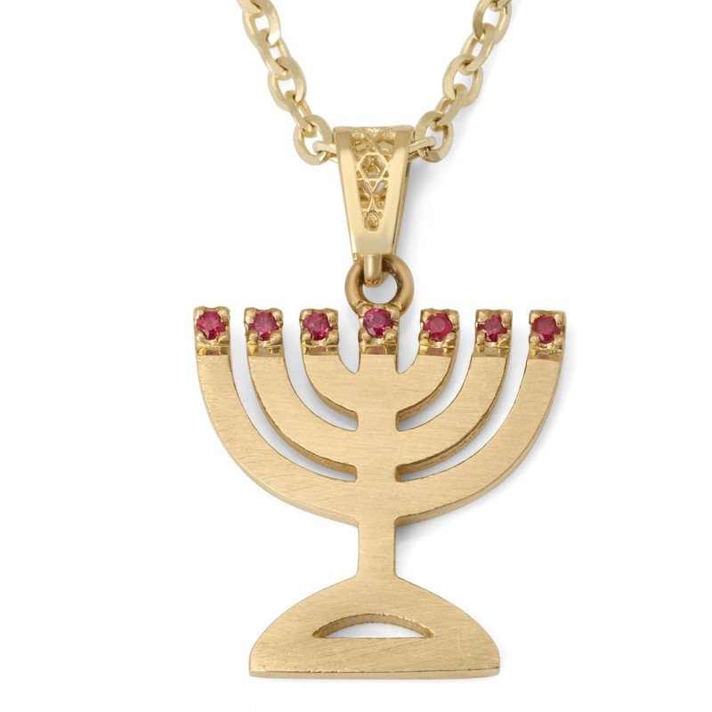 14K Gold and Ruby Menorah Pendant Necklace for Women