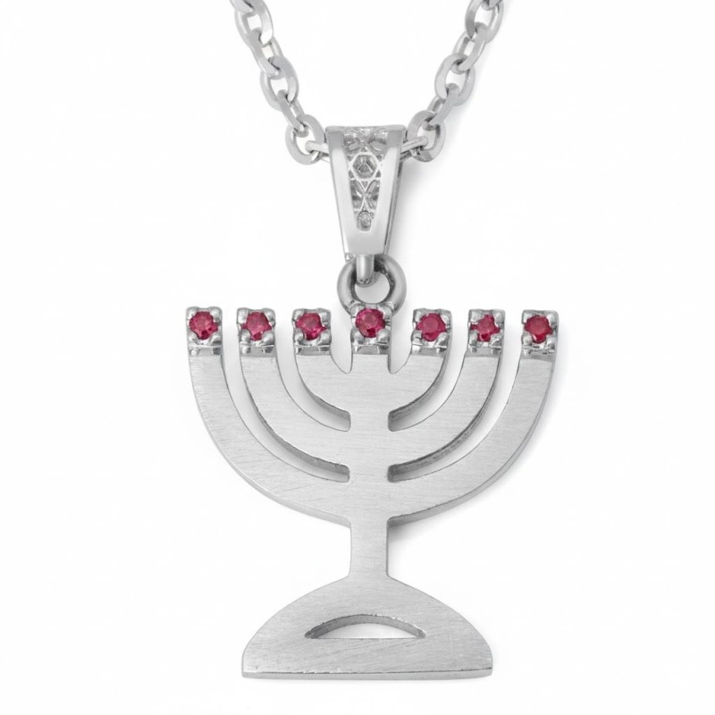 14K Gold and Ruby Menorah Pendant Necklace for Women