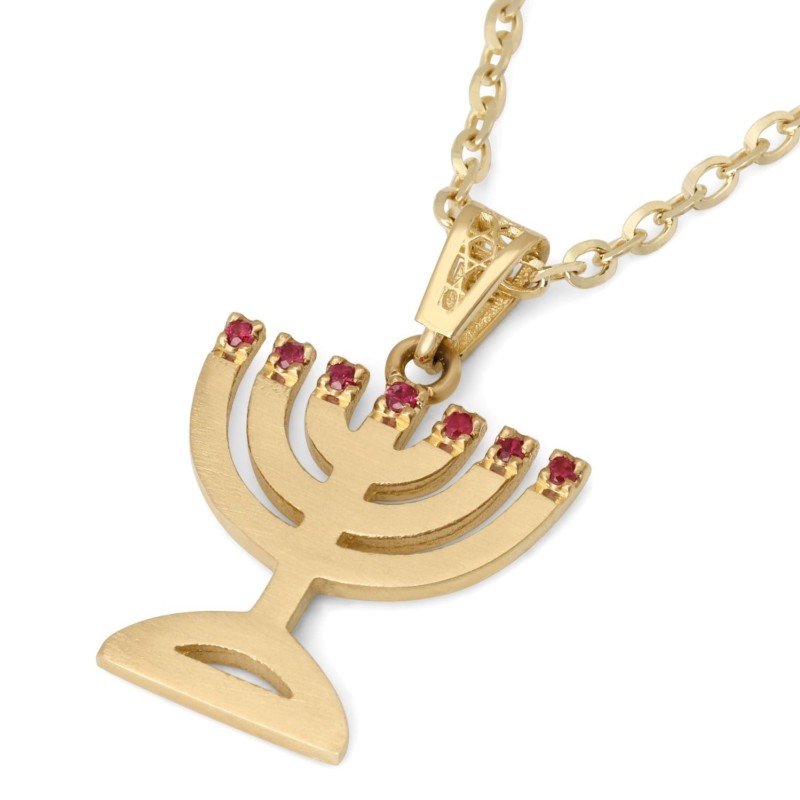 14K Gold and Ruby Menorah Pendant Necklace for Women