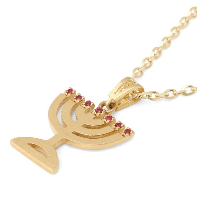 14K Gold and Ruby Menorah Pendant Necklace for Women