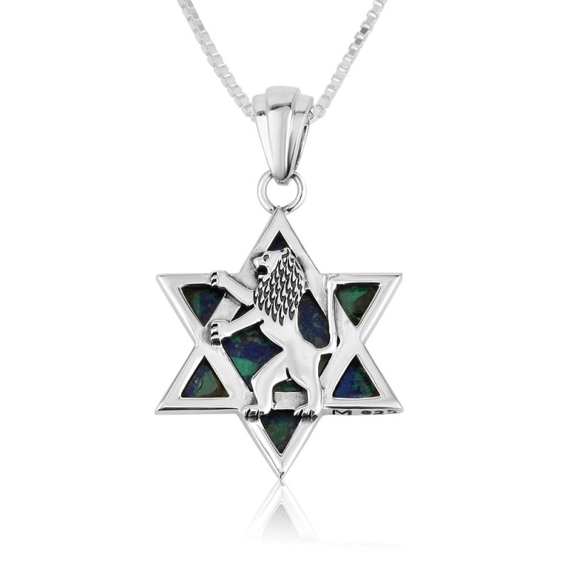 Sterling Silver Eilat Stone Star of David Unisex Pendant with Lion of