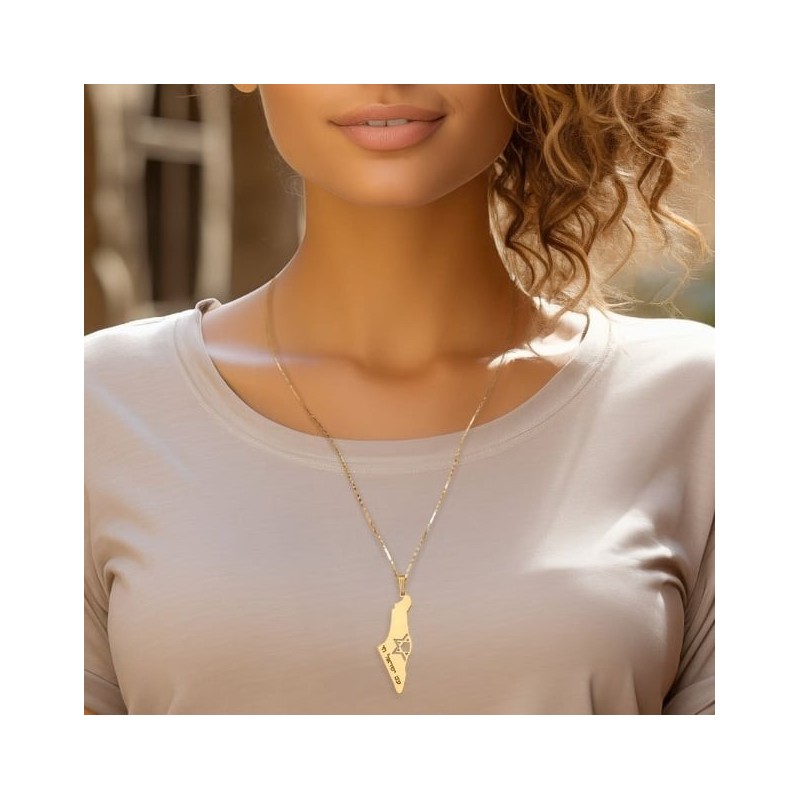 Map of Israel Necklace with Am Yisrael Chai and Cut-Out Star of David