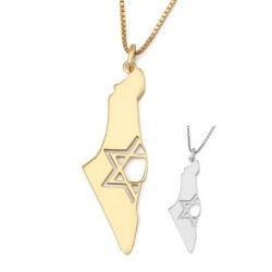 Map of Israel Necklace with Cut-Out Star of David - Silver or Gold-Pla