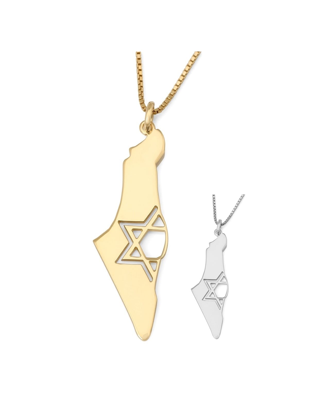 Map of Israel Necklace with Cut-Out Star of David - Silver or Gold-Pla
