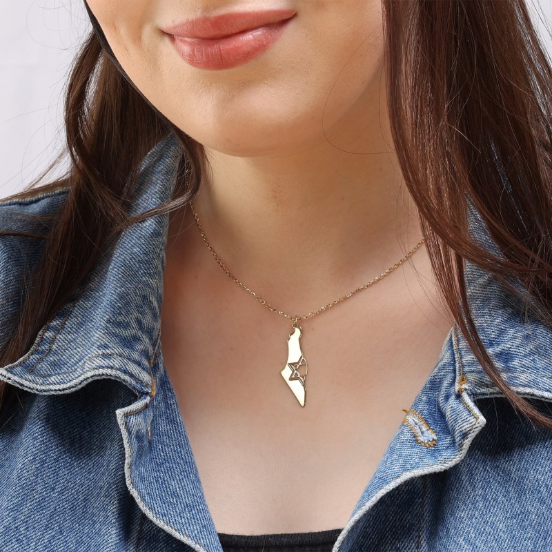 Collier Carte d'Israël avec Étoile de David Découpée - Argent ou Or-Pla