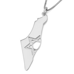 Map of Israel Necklace with Cut-Out Star of David - Silver or Gold-Pla