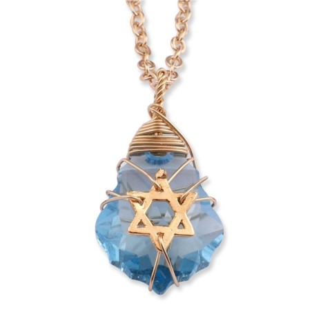 Collier étoile de David en cristal bleu avec emballage en fil rempli d’or