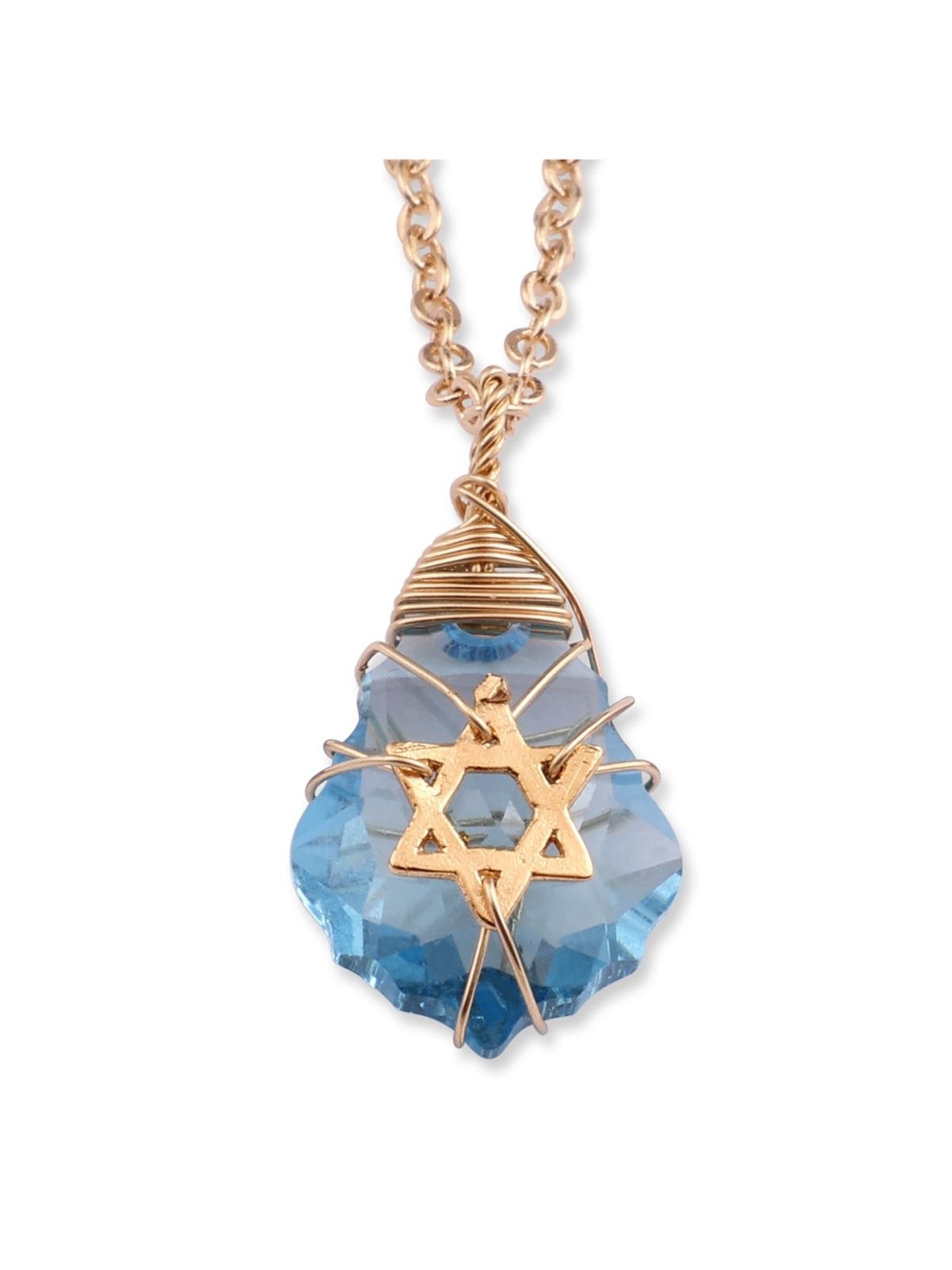 Collier étoile de David en cristal bleu avec emballage en fil rempli d’or