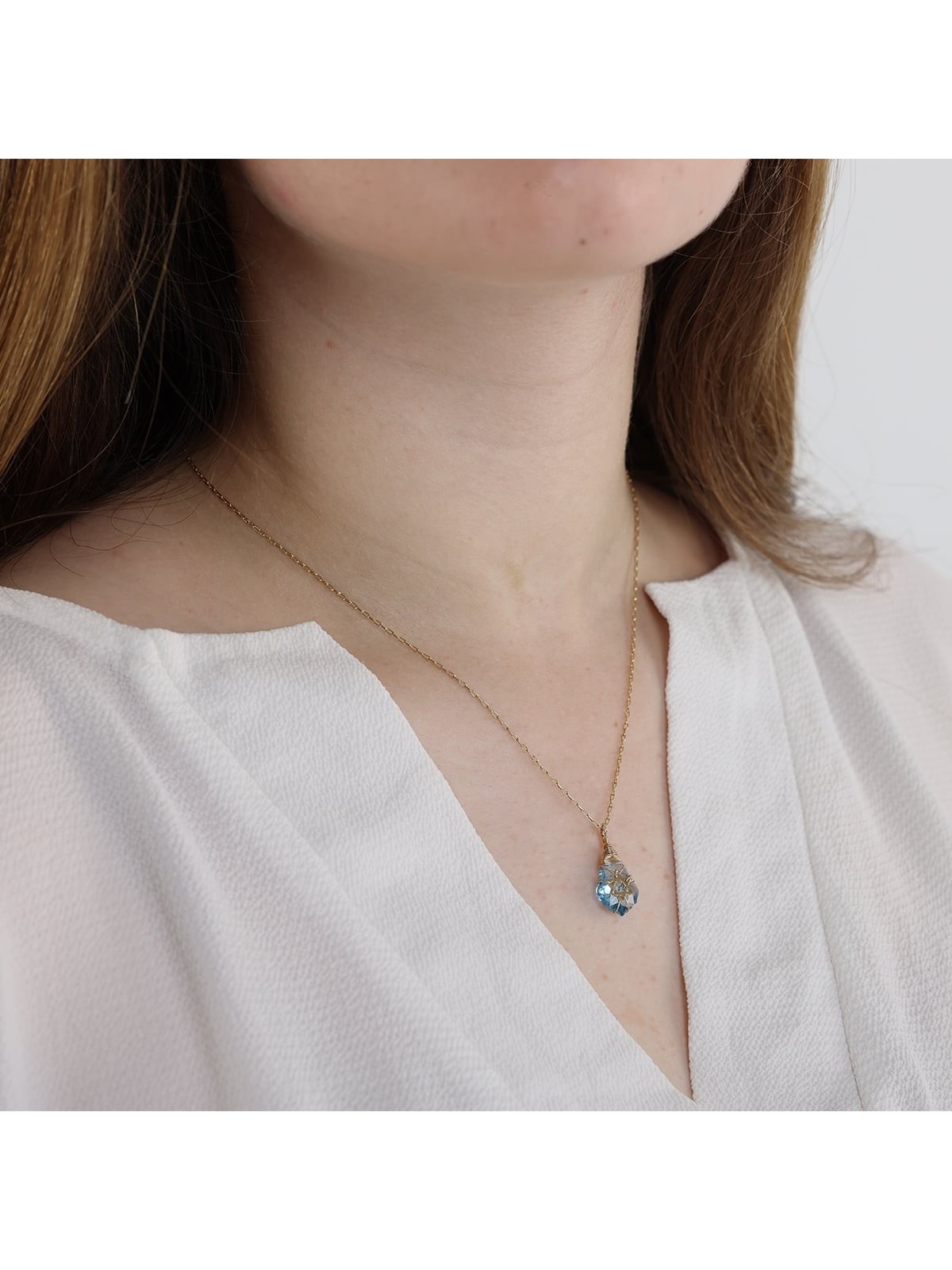 Blue Crystal Star of David Necklace with Gold Filled Wire Wrapping