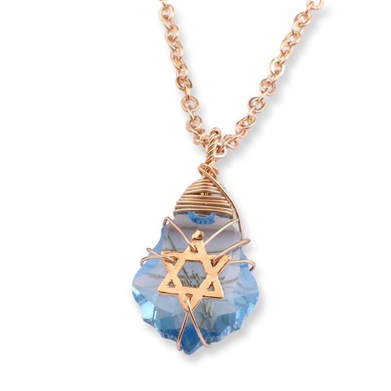 Collier étoile de David en cristal bleu avec emballage en fil rempli d’or