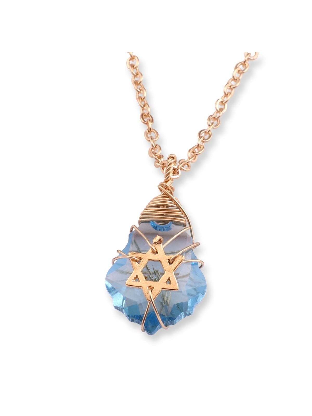 Collier étoile de David en cristal bleu avec emballage en fil rempli d’or