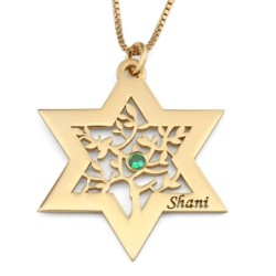 Personalized Birthstone Star of David and Tree of Life Necklace - 24K