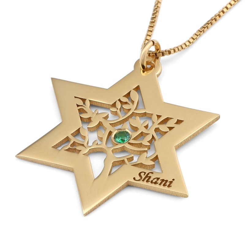 Personalized Birthstone Star of David and Tree of Life Necklace - 24K