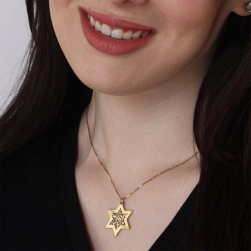 Personalized Birthstone Star of David and Tree of Life Necklace - 24K
