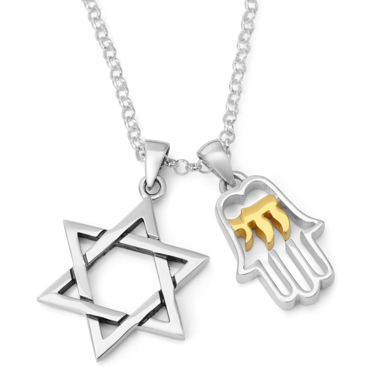 Étoile de David et Hamsa avec stylo double en argent sterling Chai plaqué or