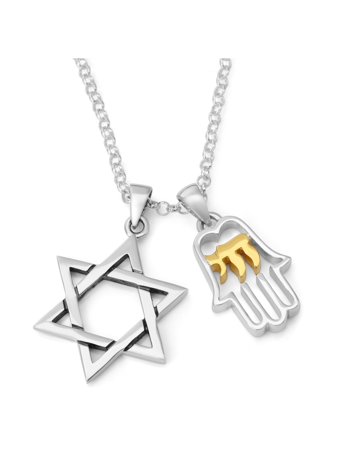 Étoile de David et Hamsa avec stylo double en argent sterling Chai plaqué or