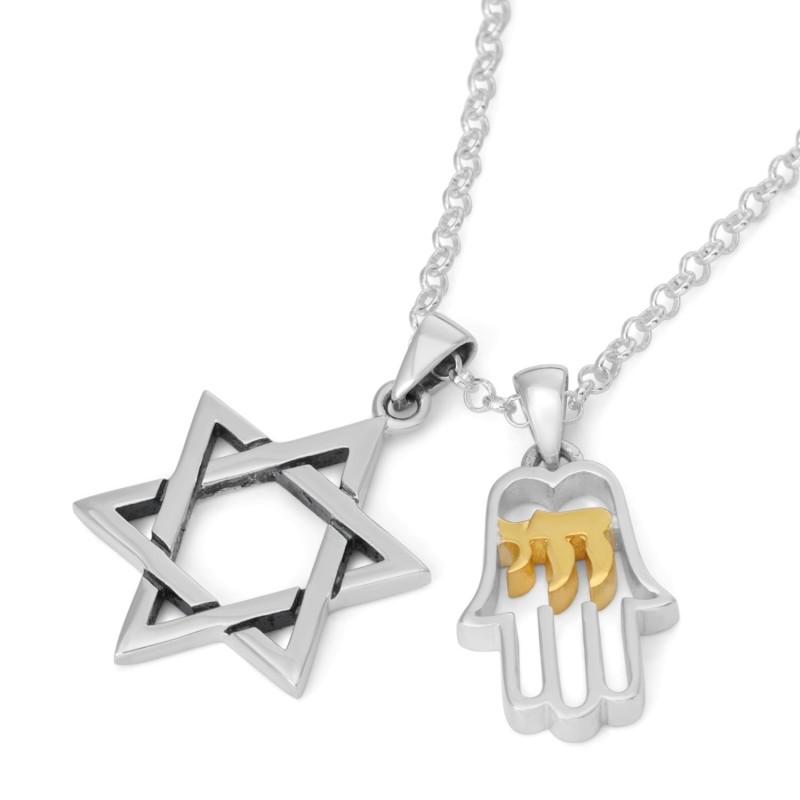 Étoile de David et Hamsa avec stylo double en argent sterling Chai plaqué or