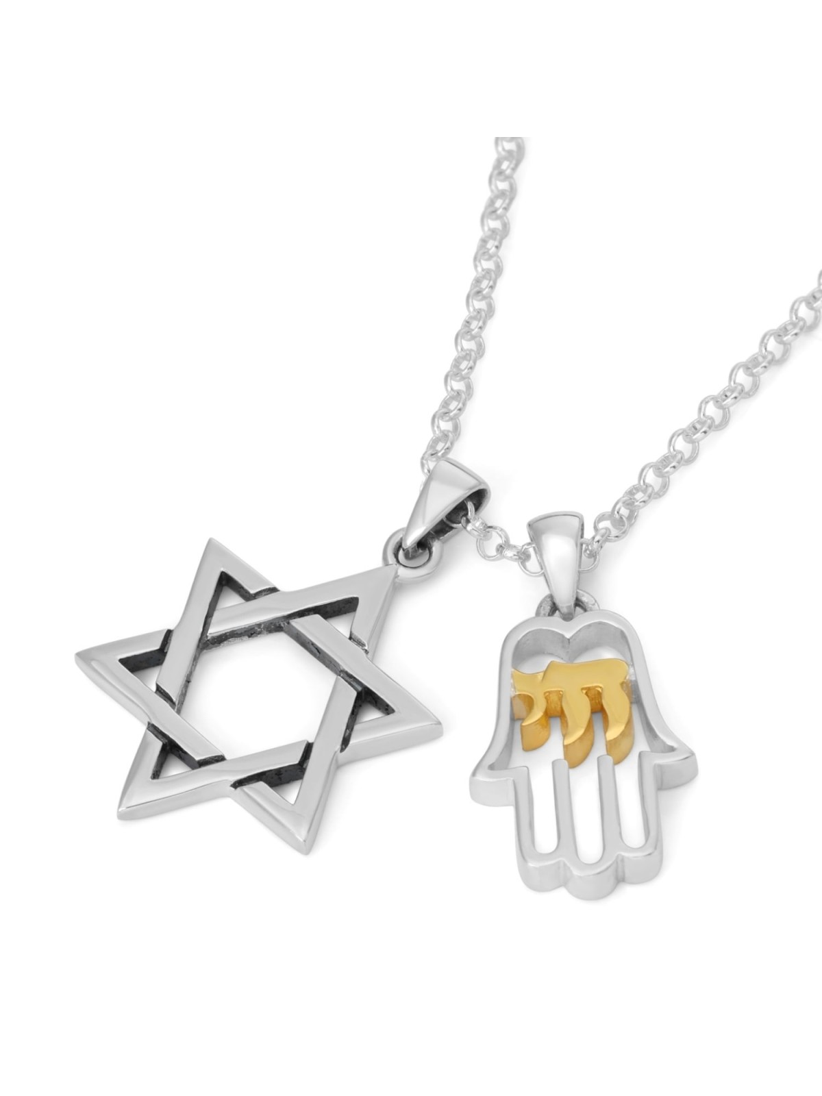 Étoile de David et Hamsa avec stylo double en argent sterling Chai plaqué or