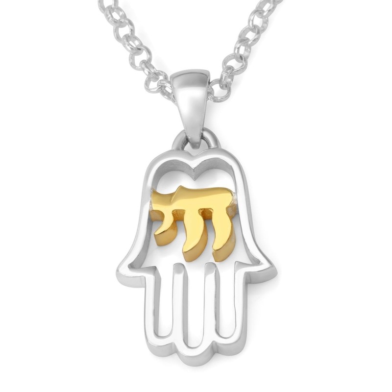 Étoile de David et Hamsa avec stylo double en argent sterling Chai plaqué or