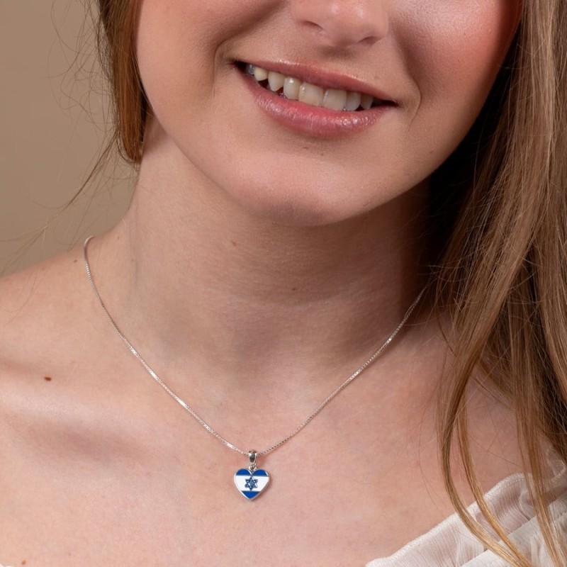 Am Yisrael Chai et pendentif en forme de cœur en argent sterling avec drapeau israélien