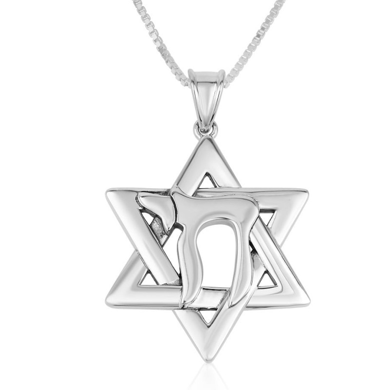 Collier pendentif étoile de David en argent sterling avec Chai