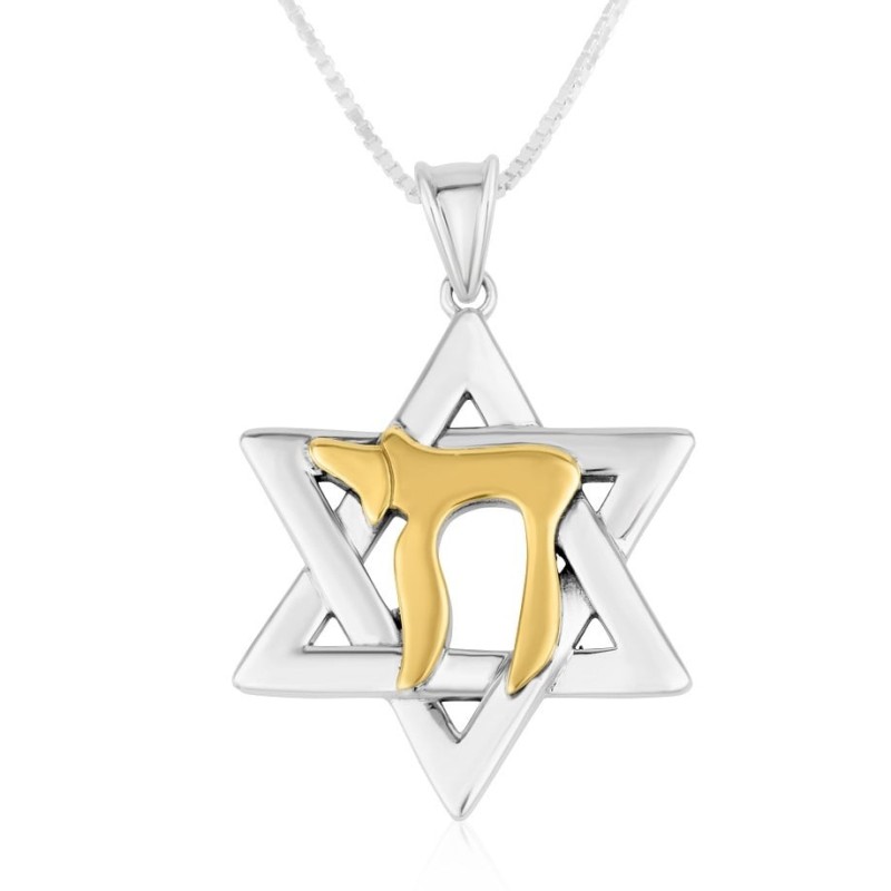 Collier pendentif étoile de David en argent sterling avec Chai plaqué or