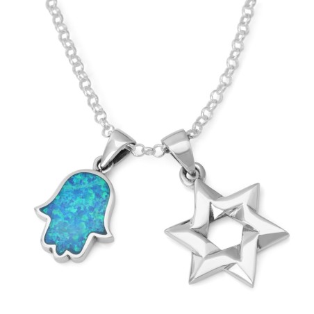 Sterling Silver Interlocking Star of David & Opal Stone Hamsa Necklace