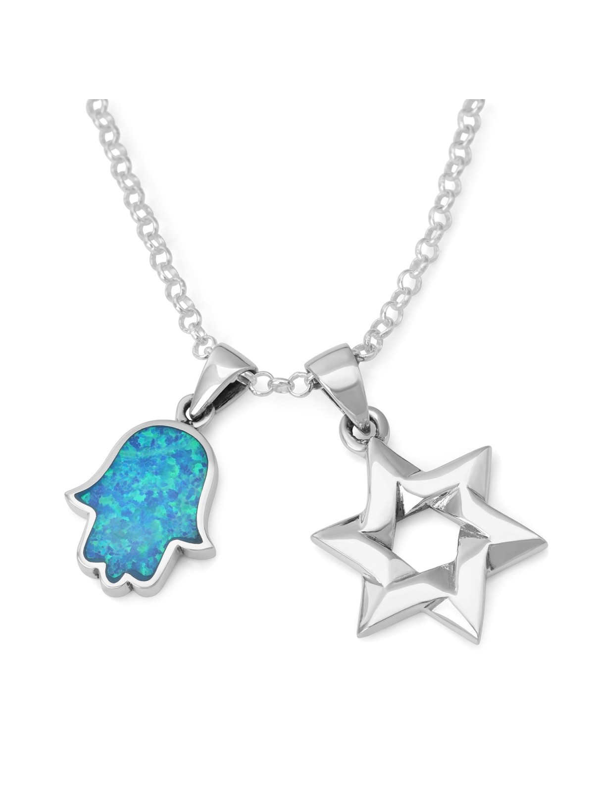 Collier Hamsa en argent sterling avec étoile de David et pierre opale entrelacées
