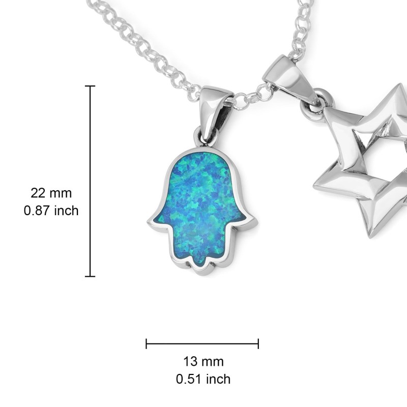 Collier Hamsa en argent sterling avec étoile de David et pierre opale entrelacées