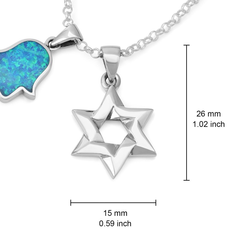 Collier Hamsa en argent sterling avec étoile de David et pierre opale entrelacées