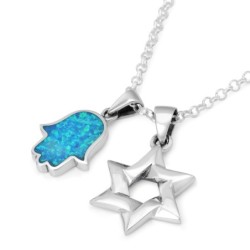 Sterling Silver Interlocking Star of David & Opal Stone Hamsa Necklace