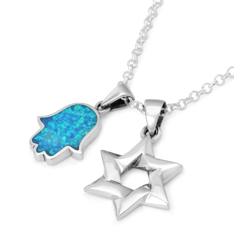 Collier Hamsa en argent sterling avec étoile de David et pierre opale entrelacées