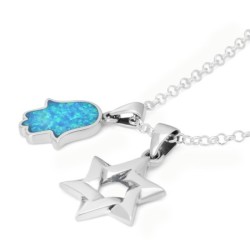 Sterling Silver Interlocking Star of David & Opal Stone Hamsa Necklace