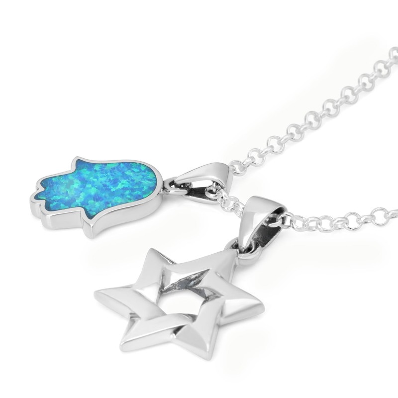 Collier Hamsa en argent sterling avec étoile de David et pierre opale entrelacées