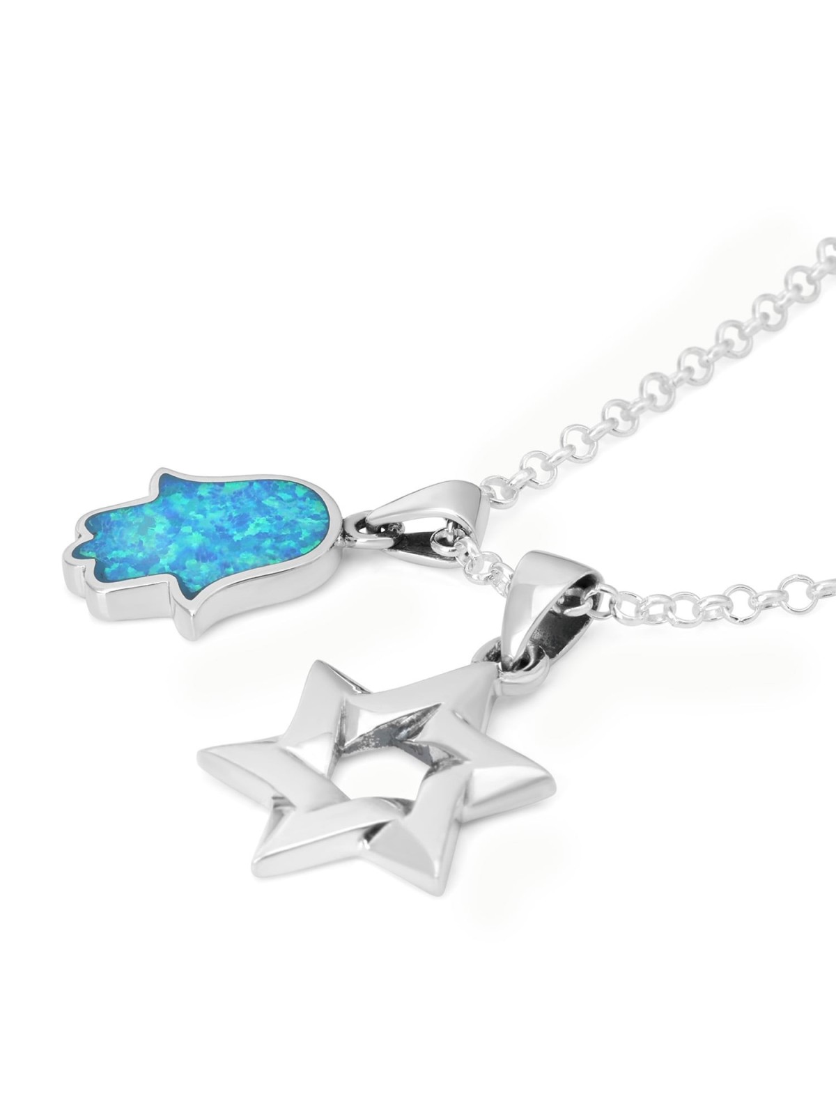 Sterling Silver Interlocking Star of David & Opal Stone Hamsa Necklace