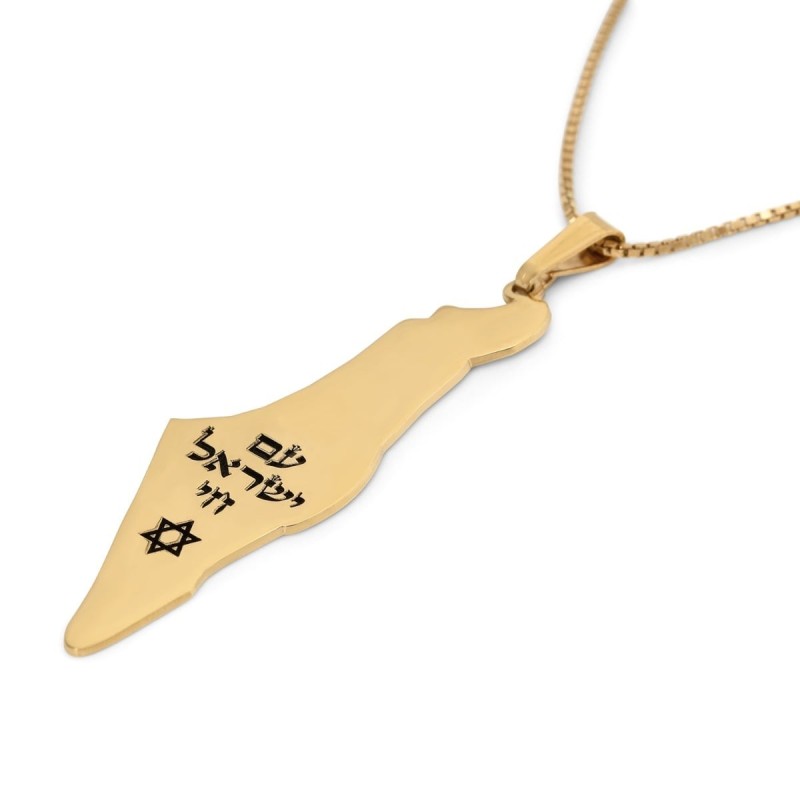 Collier carte d’Israël avec Am Yisrael Chai gravé et étoile de David