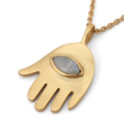 Pendentif Hamsa plaqué or avec pierre de lune arc-en-ciel mauvais œil par Yair Eman