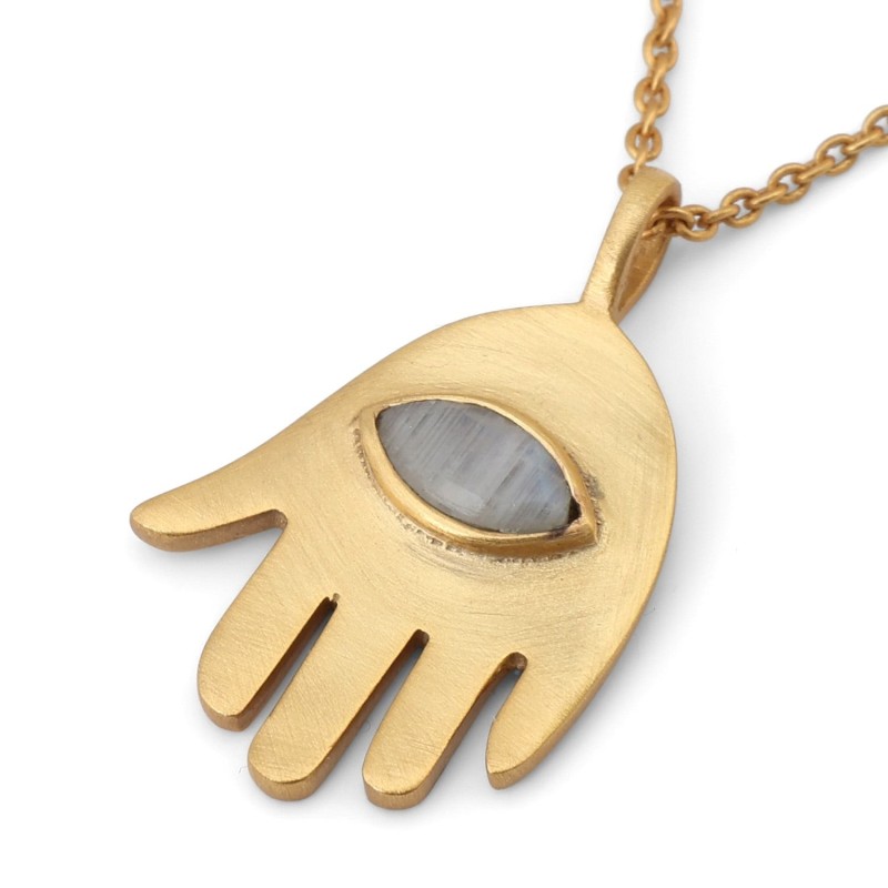 Gold-Plated Hamsa Pendant with Evil Eye Rainbow Moonstone by Yair Eman