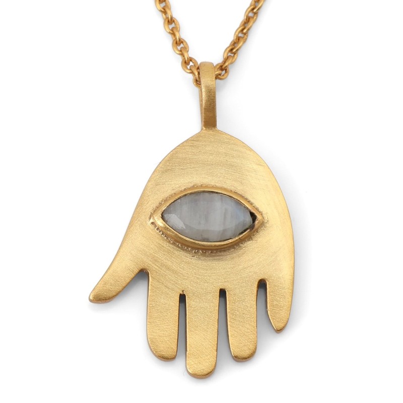 Gold-Plated Hamsa Pendant with Evil Eye Rainbow Moonstone by Yair Eman