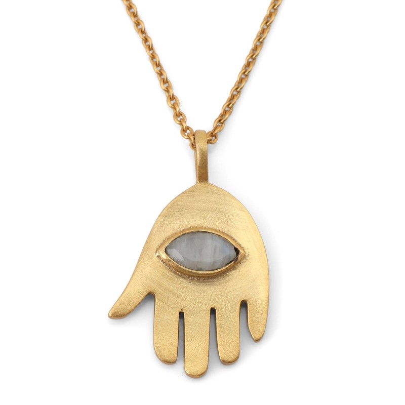 Pendentif Hamsa plaqué or avec pierre de lune arc-en-ciel mauvais œil par Yair Eman