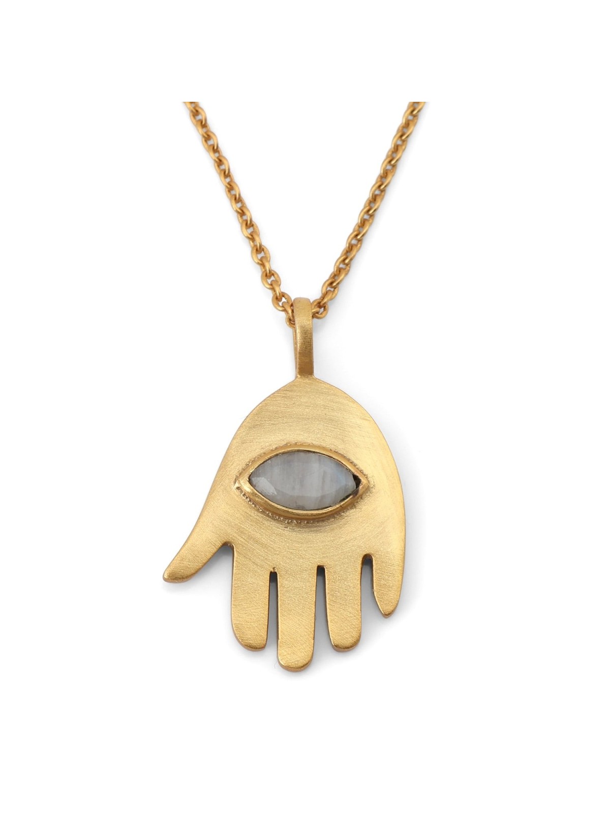 Gold-Plated Hamsa Pendant with Evil Eye Rainbow Moonstone by Yair Eman