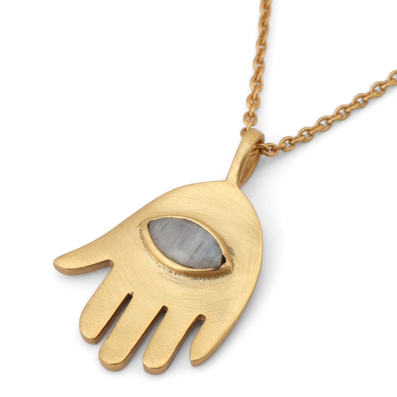 Gold-Plated Hamsa Pendant with Evil Eye Rainbow Moonstone by Yair Eman