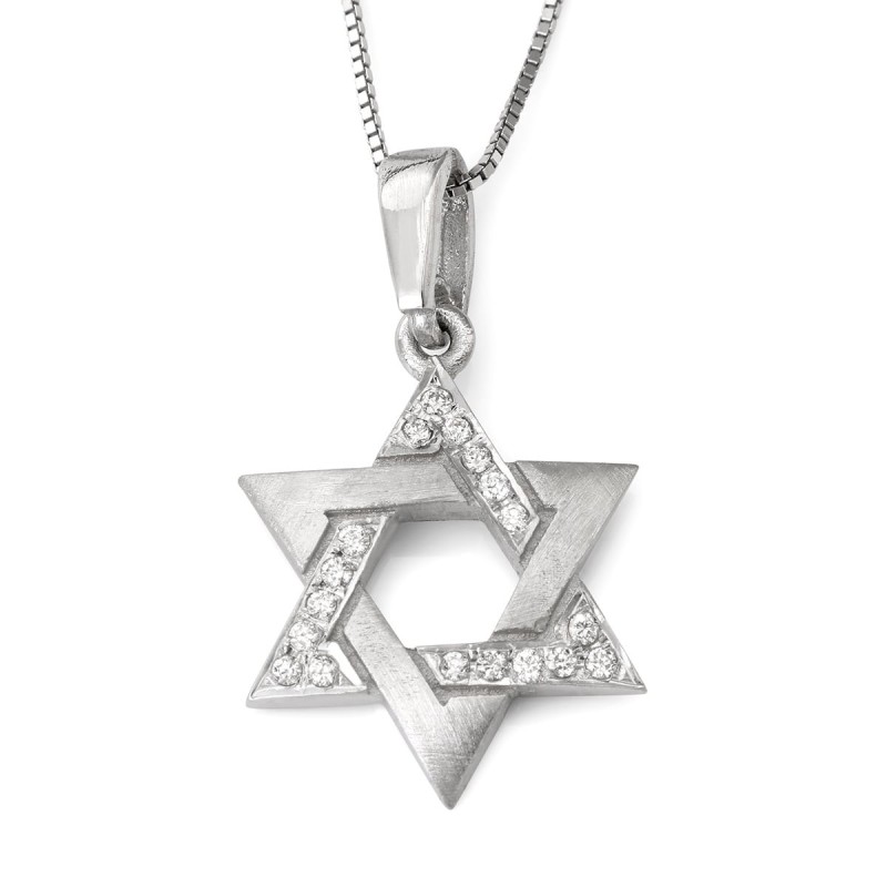 Collier avec pendentif étoile de David en or blanc 14 carats entrelacé et diamants