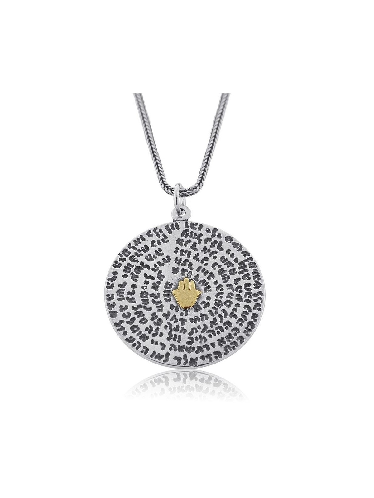 72 Holy Names: Silver Disk Kabbalah Necklace with Gold Hamsa