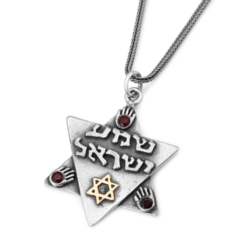 Shema Israël : Grand collier étoile de David en argent et or avec Hamsas