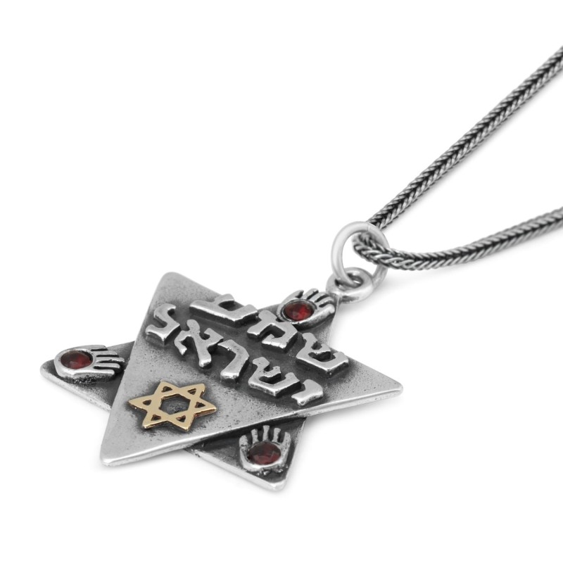 Shema Israël : Grand collier étoile de David en argent et or avec Hamsas