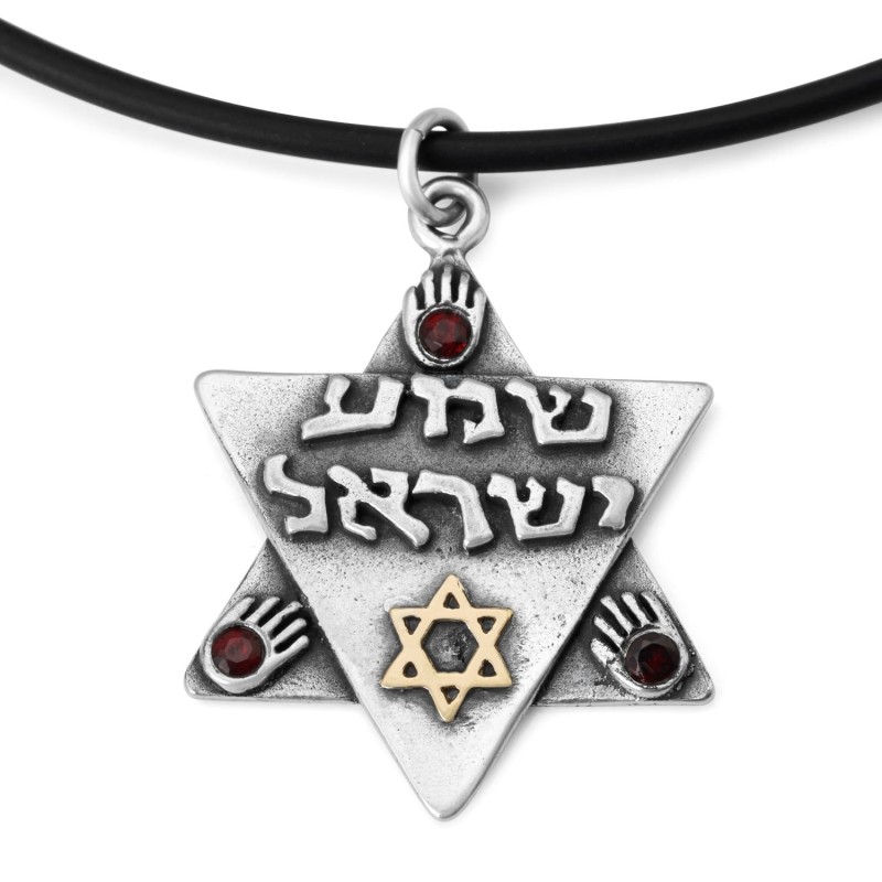 Shema Israël : Grand collier étoile de David en argent et or avec Hamsas