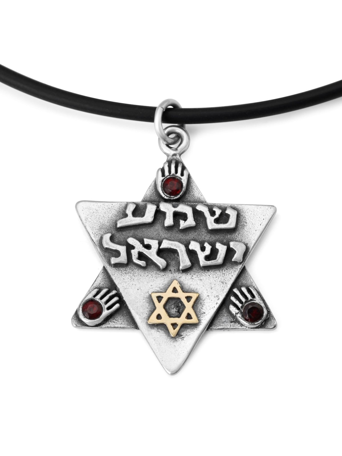Shema Israël : Grand collier étoile de David en argent et or avec Hamsas